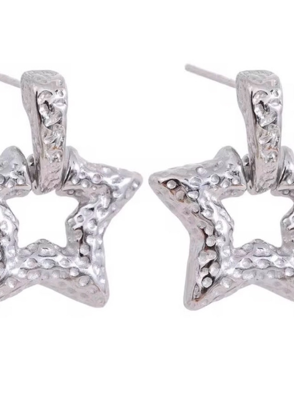 Hammered Star Drop Earrings - Silver